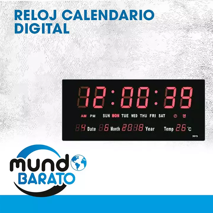 Reloj Pared Digital Led Alarma Calendario 36cm Temp + Fecha