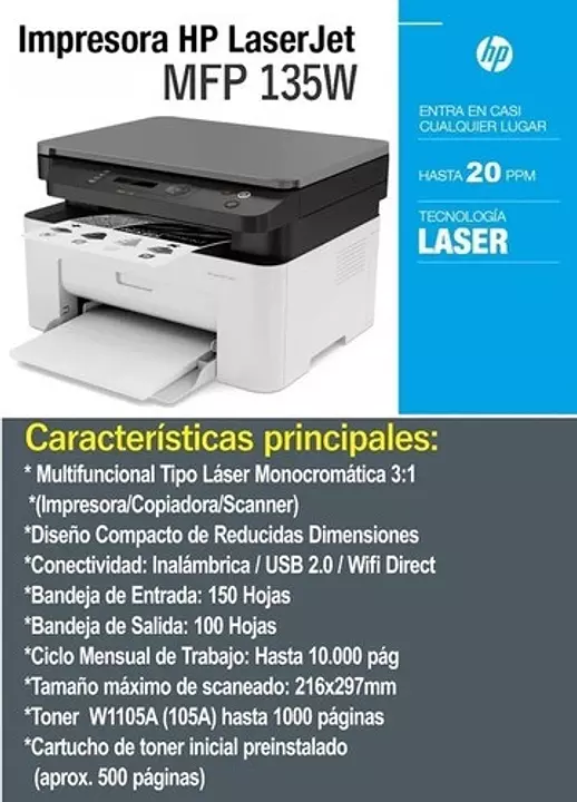 Impresora Láser Multifunción HP 135W Inalámbrica WIFI Tóner
