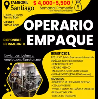 empleos disponibles - Empleo en Santiago Tamboril Disponible de inmadiato
EMPAQUE Y OPERARIO DE PRODUC