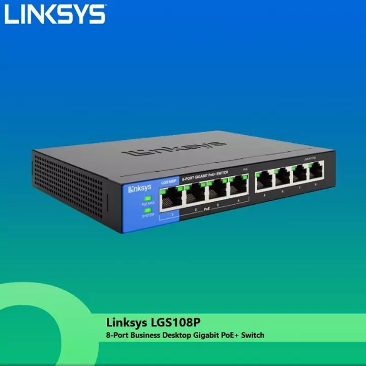 SWITCH 8 PUERTOS LINKSYS - NO ADMINISTRABLE - 8 PUERTOS GIGABIT ETHERNET  POE (4 PUERTOS POE+) , 16 GBPS, VELOCIDAD 1000MBPS, EASY PLUG AND PLAY.  (LGS108P) 